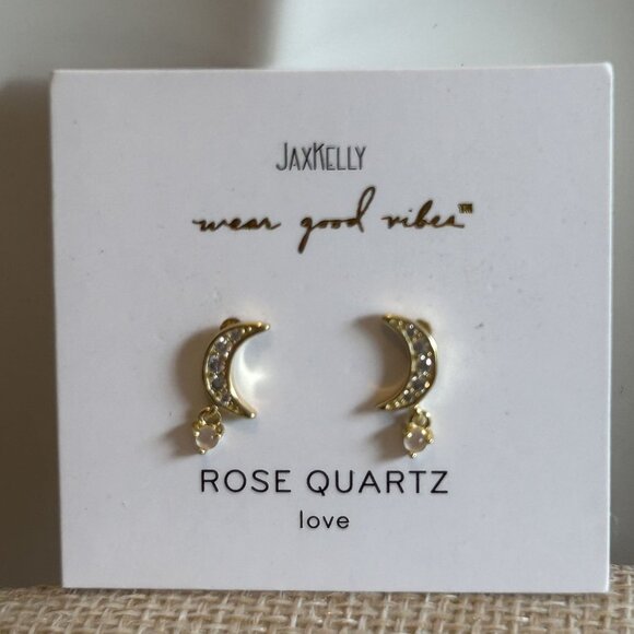 NEW Jax Kelly Rose Quartz Gold Crescent Moon Gemstone Drop Earrings Love CZ - Picture 1 of 8